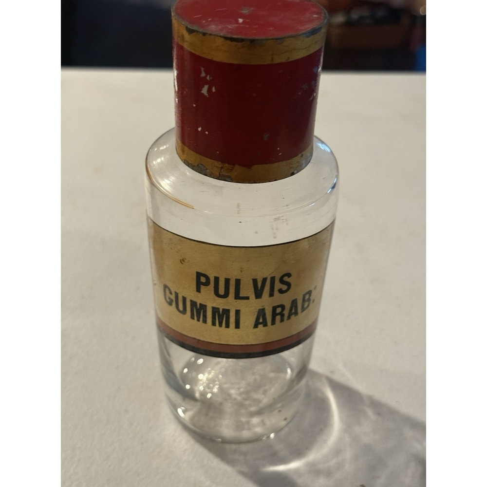 Antique Apothecary Jar Pulvis Gummi Arab Latin Gum Arabic Powder Glass Bottle